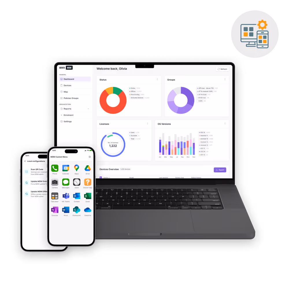 Laptop screen showing device management dashboard and two smartphones displaying app menus and settings.