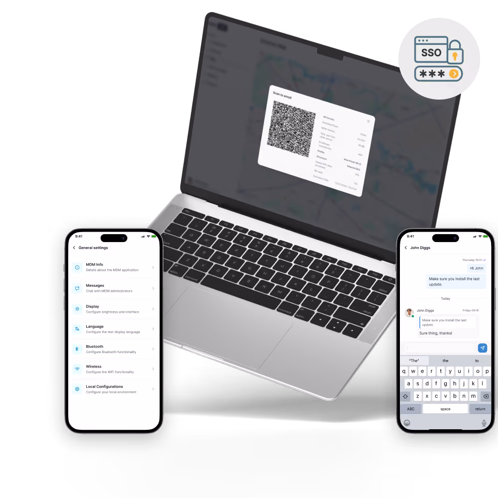 Laptop with a QR code on screen, flanked by two phones showing settings and a chat conversation.