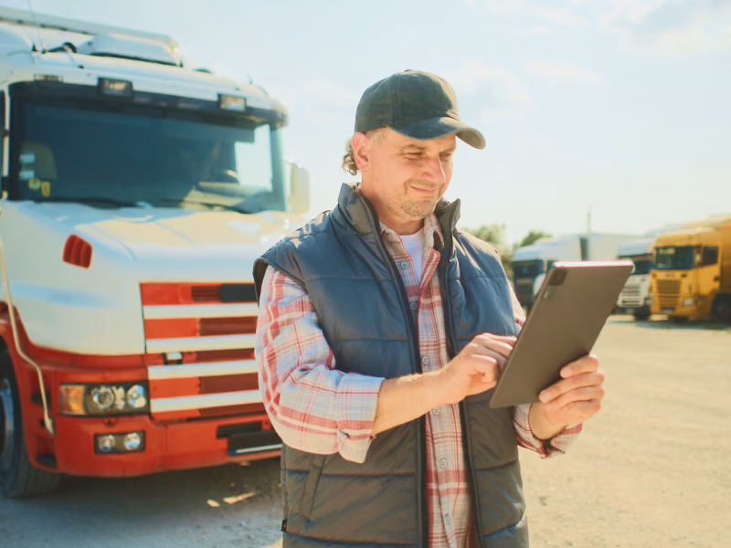 Un șofer de camion aflat în aer liber lângă un camion cu remorcă alb și roșu, folosind o tabletă.