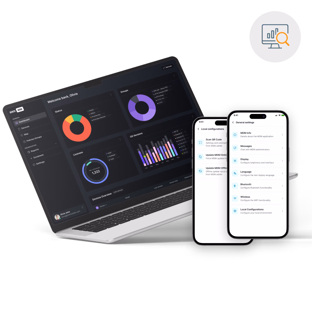 Sur votre ordinateur portable, le tableau de bord affiche des graphiques. Sur vos deux téléphones, l'application présente les paramètres de gestion des appareils.