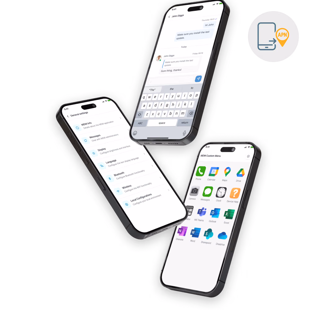 Trois smartphones affichent les paramètres, la messagerie et un menu d’applications personnalisé avec des icônes de productivité.