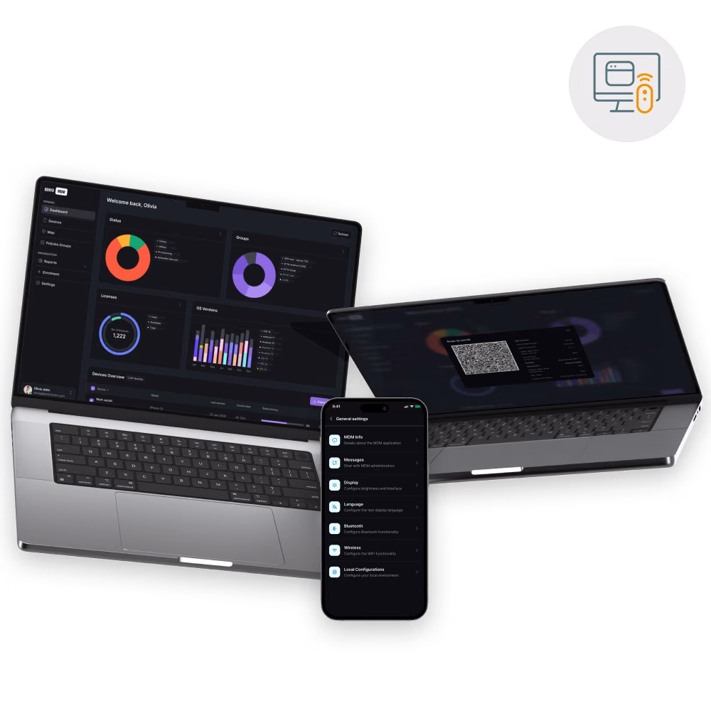 Two laptops show data dashboards and a phone screen showing settings like MDM info and wireless configuration.