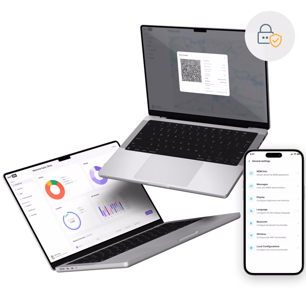 Două laptopuri și un smartphone care prezintă interfețe de management și configurare securizate a dispozitivelor.