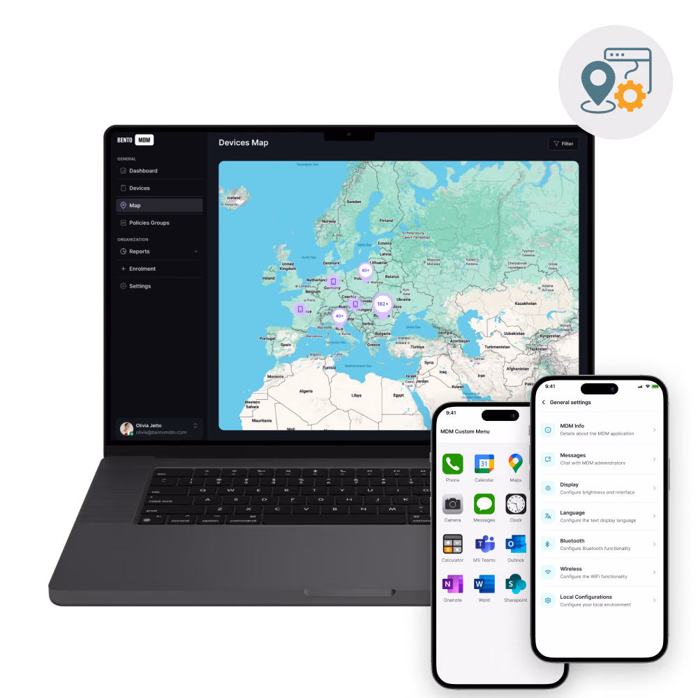 Un portatile su cui è visualizzata una mappa dell’Europa e due smartphone che mostrano i menu e le impostazioni dell’app MDM.