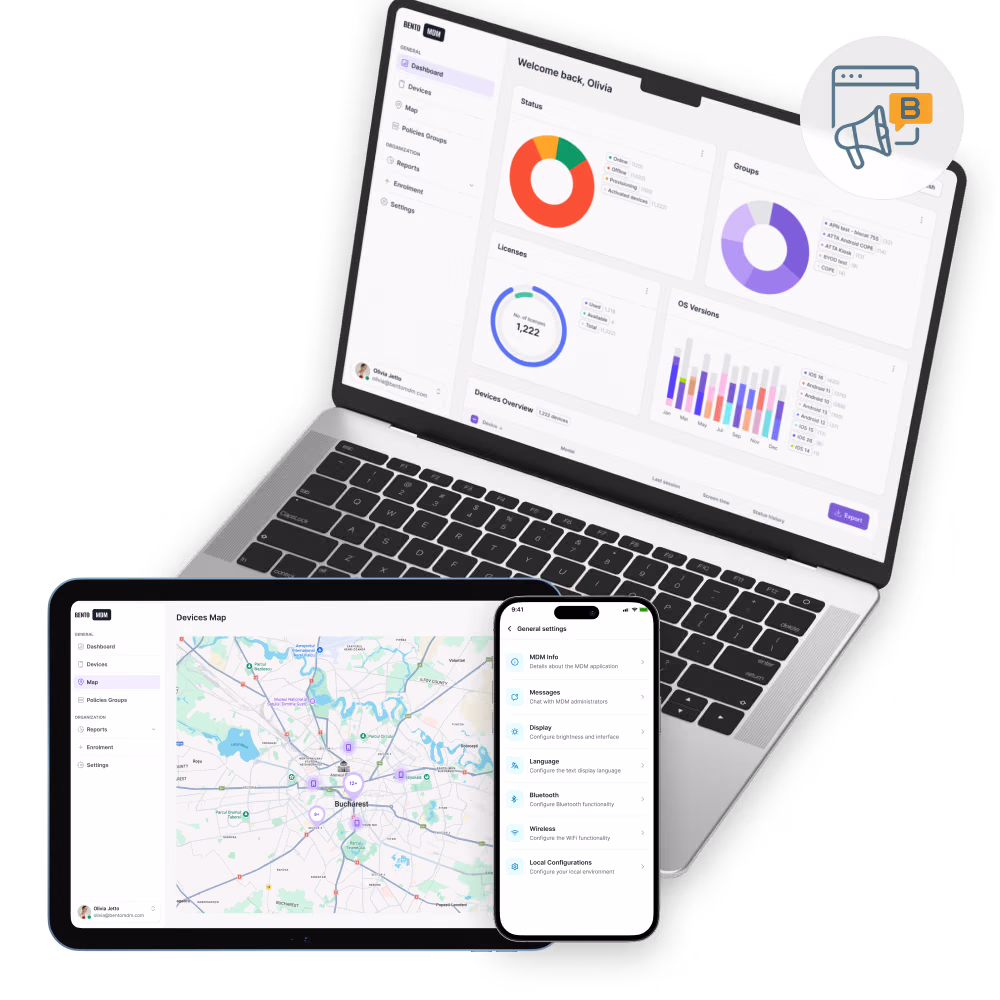 Computer portatile, tablet e smartphone che mostrano le dashboard di gestione dei dispositivi e l'interfaccia delle impostazioni.