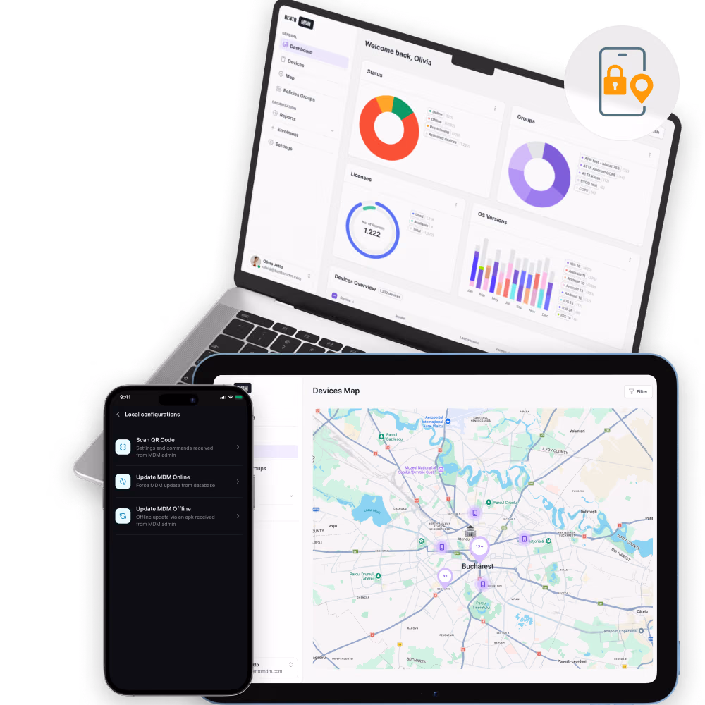 Vous visualisez sur un ordinateur portable, une tablette et un téléphone le tableau de bord de gestion des appareils, une carte ainsi que les options de configuration locales.