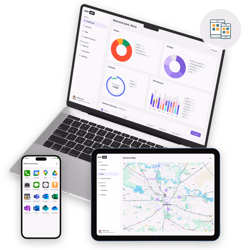 Un ordinateur portable, une tablette et un téléphone affichent les tableaux de bord d'une application d'entreprise ainsi que la carte des appareils de l'utilisatrice Olivia Jetta.