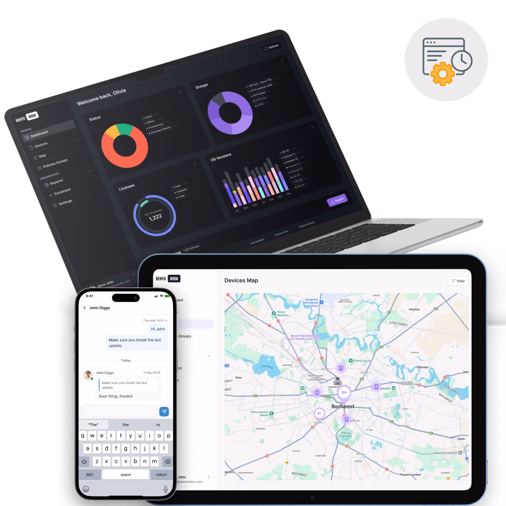Laptop, tablet, and phone showing a device management dashboard, map, and chat interface.