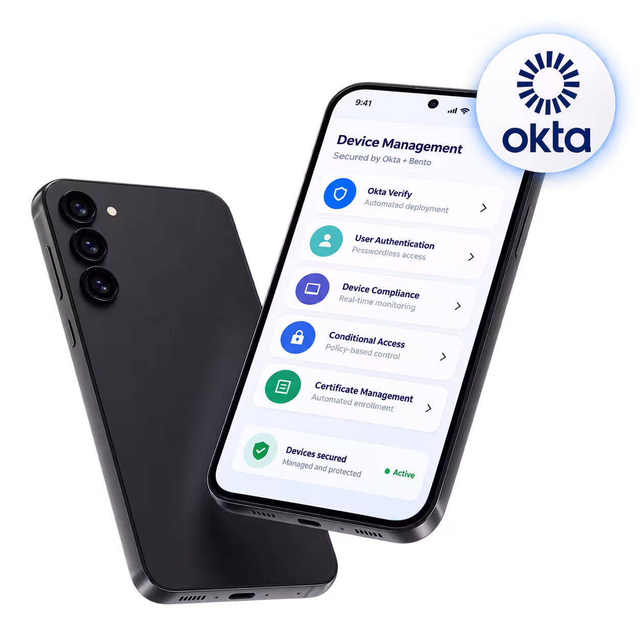 Two black smartphones, one displaying a device management app with options like Okta Verify, User Authentication, Device Compliance, Conditional Access, Certificate Management, and Devices secured status.
