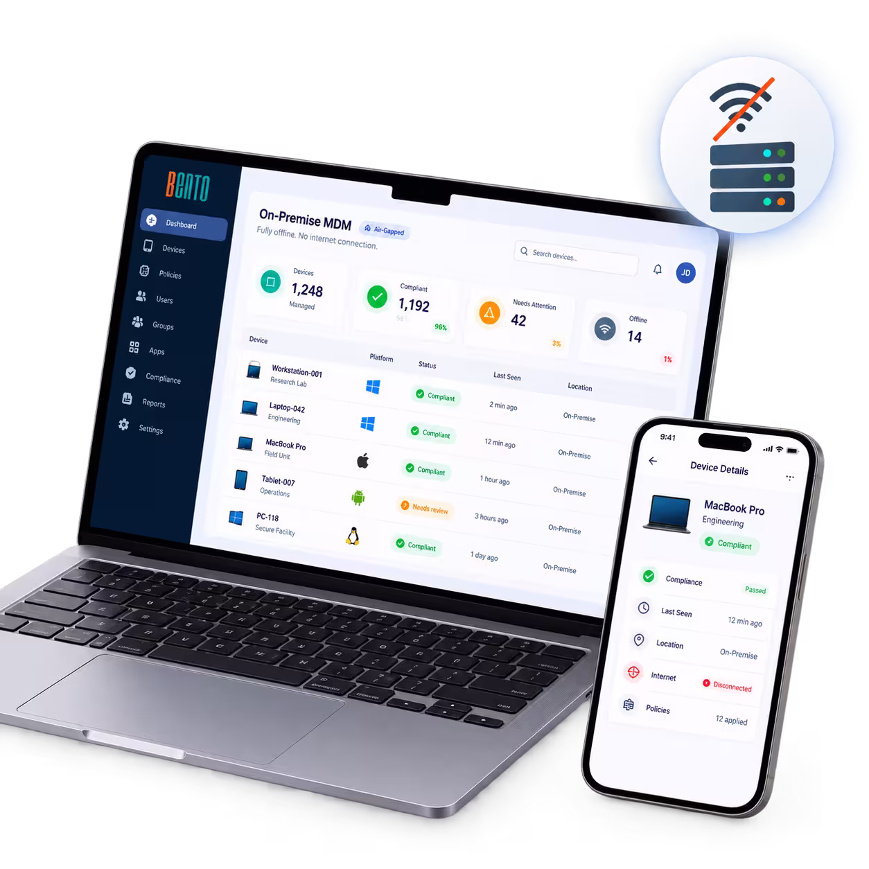 Laptop and smartphone displaying device management dashboards showing device compliance, statuses, and offline alerts in an on-premise MDM system with no internet connection.
