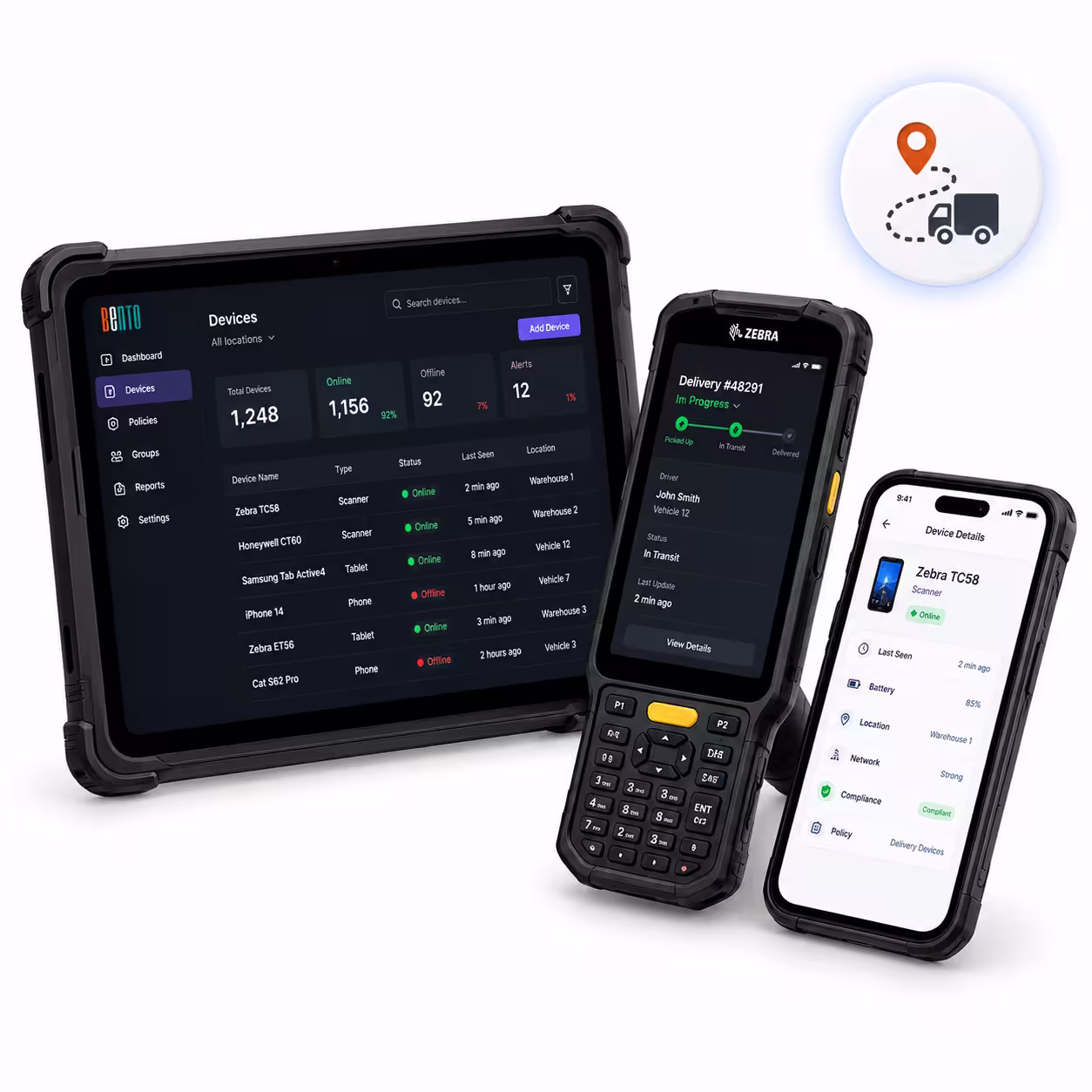 Tablet and two handheld devices display device management software with status, location, and delivery tracking information for various devices in a warehouse setting.