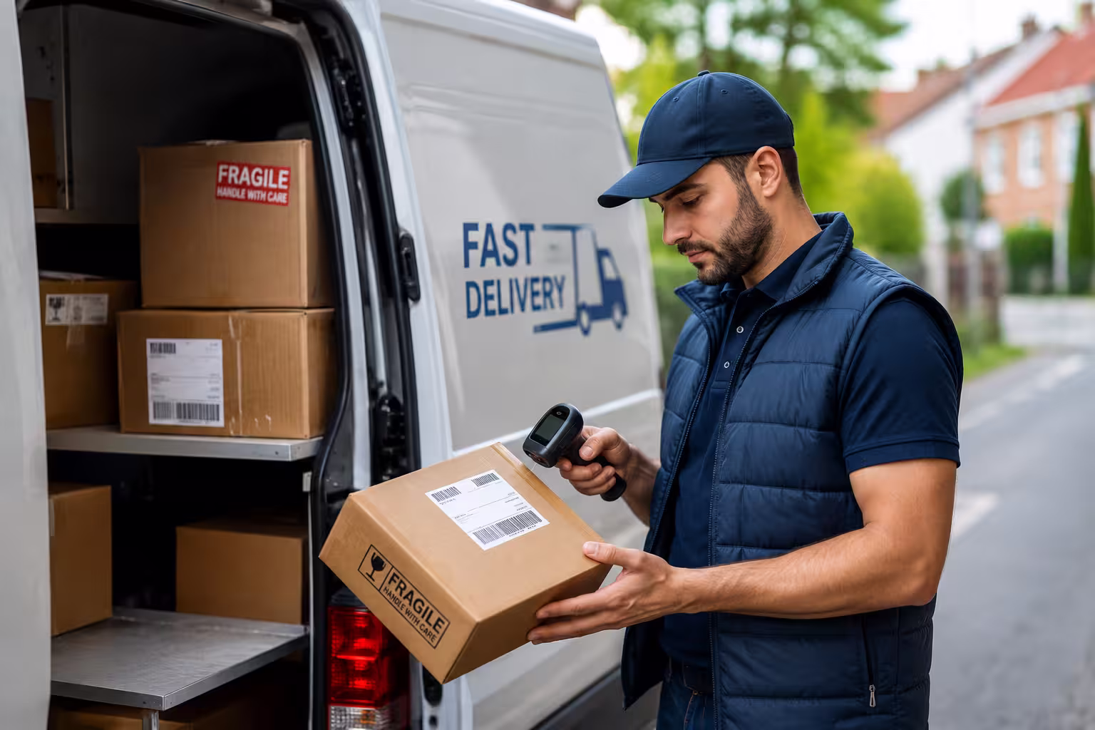 Delivery worker in a navy cap and vest scans a fragile package with a handheld barcode scanner near an open van with 'Fast Delivery' logo.