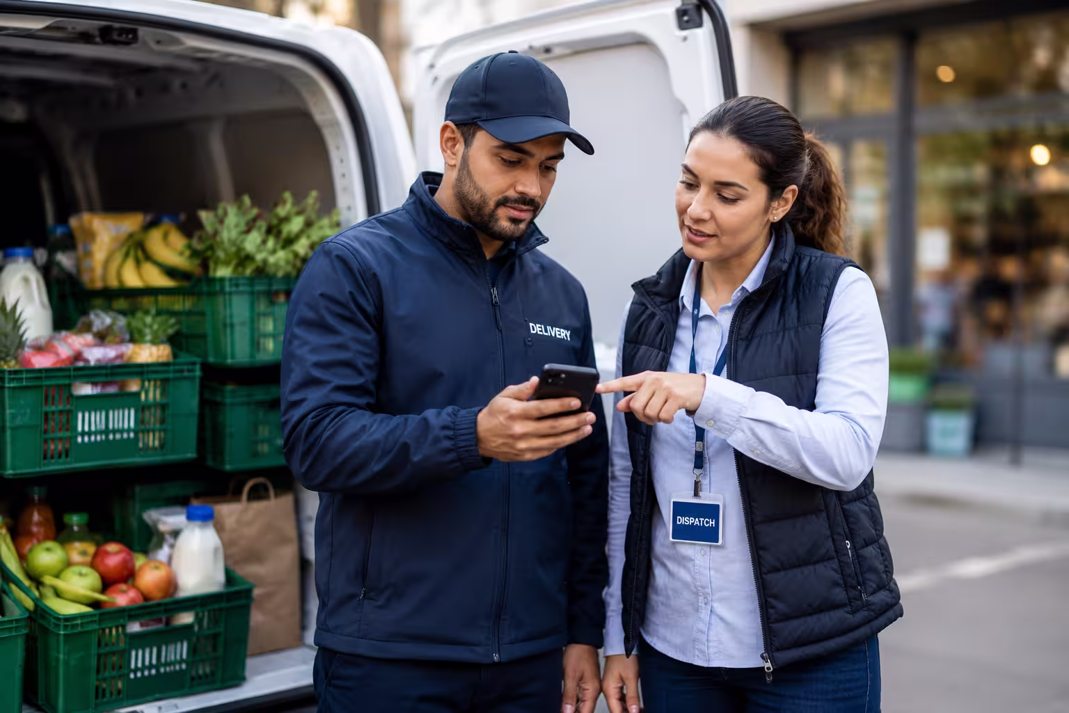 Delivery man in navy jacket and cap looking at smartphone while a woman with dispatch badge points at it beside an open van filled with crates of groceries.