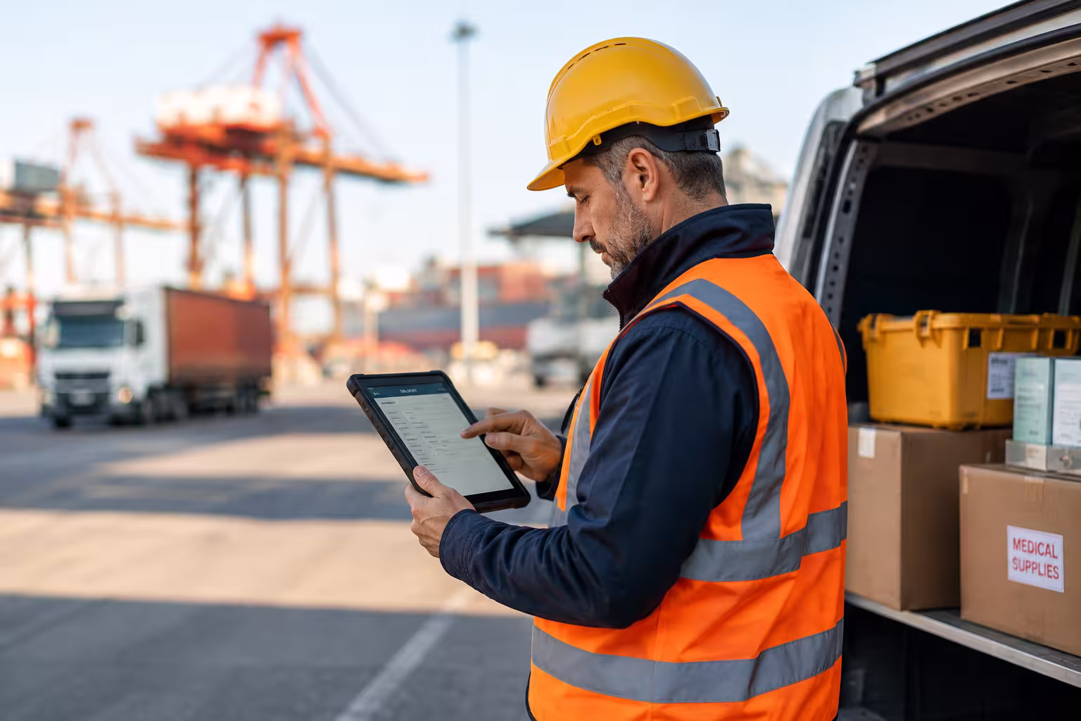 Man in orange safety vest and yellow helmet using a tablet by an open van filled with boxes labeled medical supplies at a shipping yard with cranes and trucks in the background.