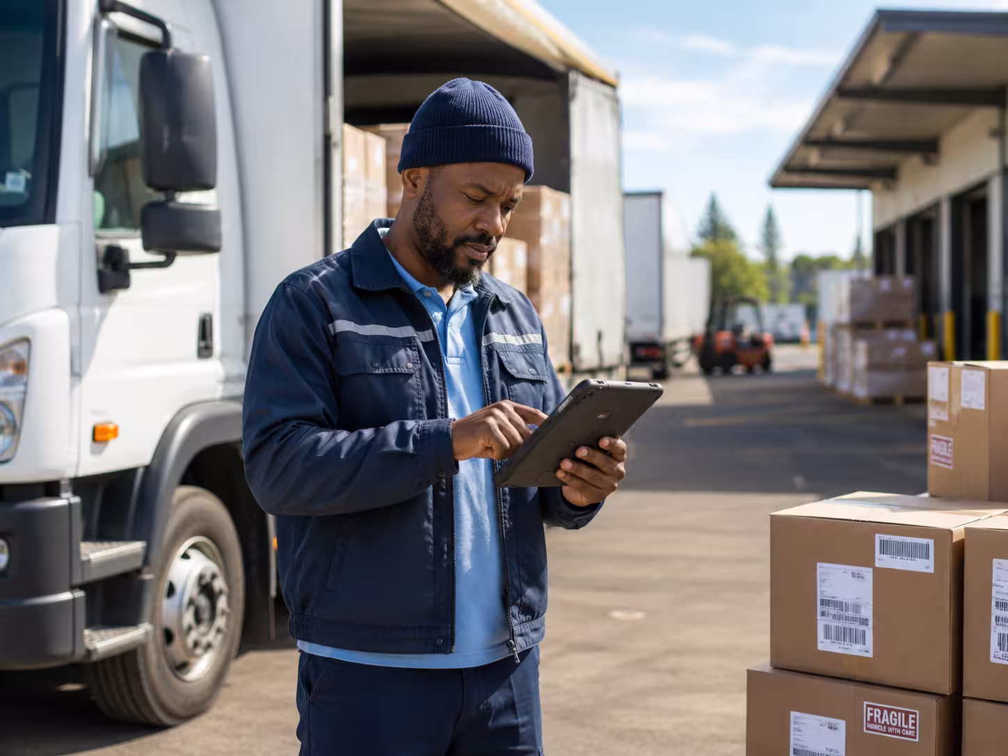 Man in a navy jacket and beanie using a tablet near stacked cardboard boxes and a delivery truck in an outdoor loading dock area.