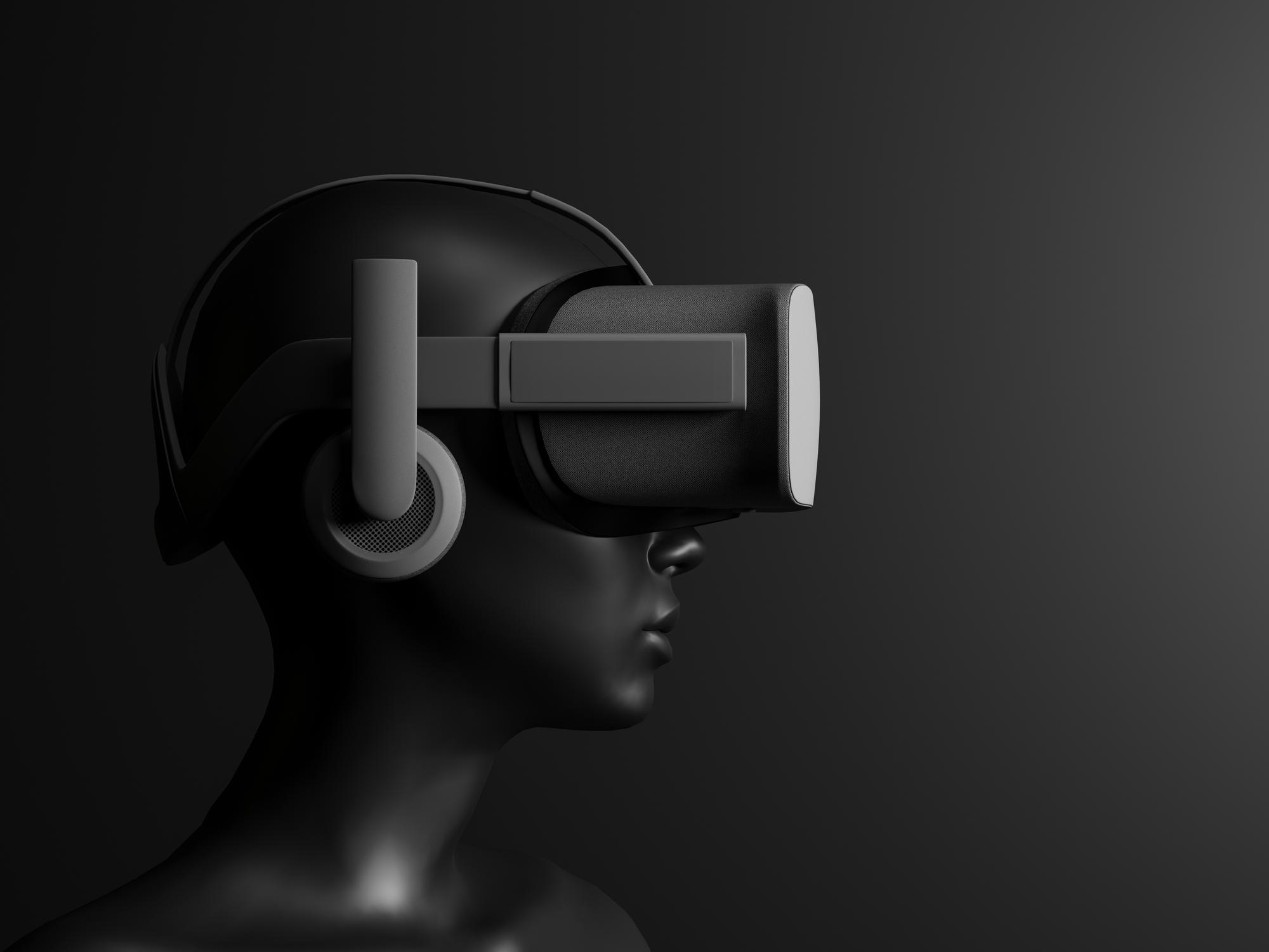 Schwarze stilisierte Büste mit moderner VR-Brille auf dunklem Hintergrund – symbolisiert personalisierte digitale Erlebnisse.