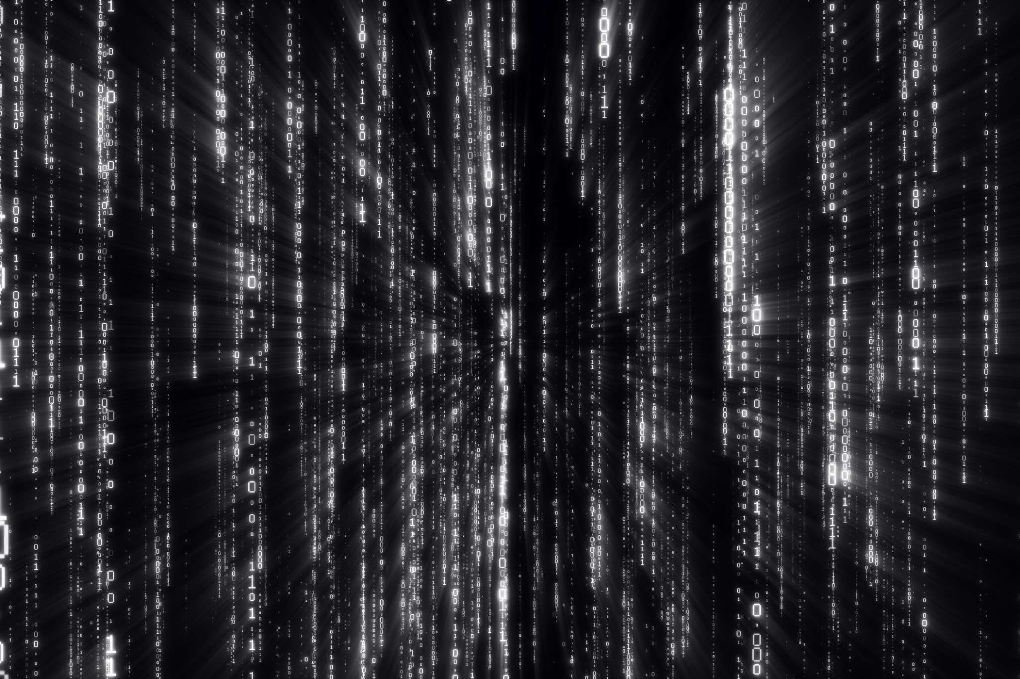 Visualisierung eines digitalen Codes mit fließenden Zahlen und Binärzeichen in Schwarz-Weiß, symbolisiert sauberen und exportierbaren Code.
