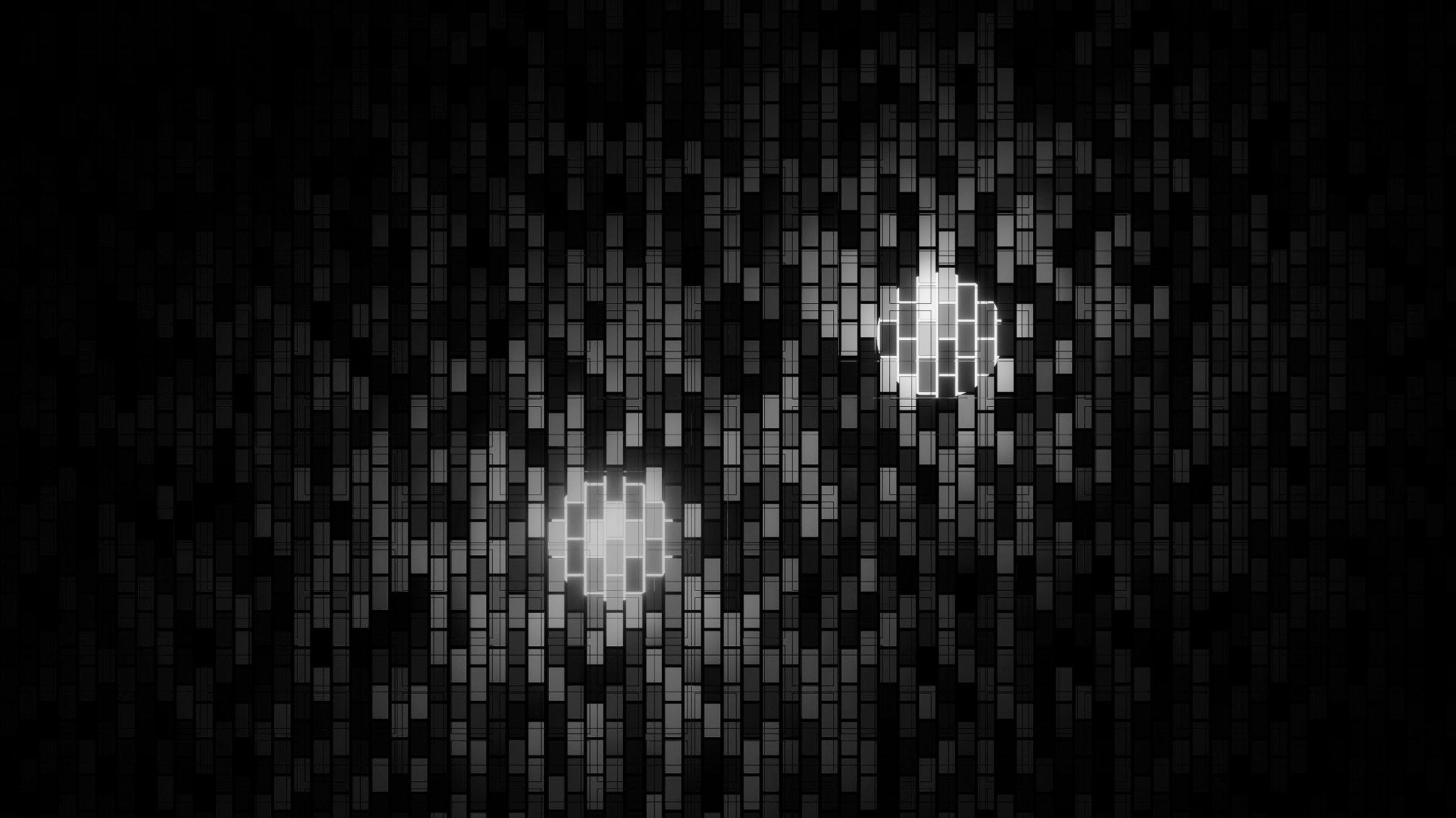 Abstraktes Kachelmuster in Schwarz-Weiß mit hellem Leuchtpunkt – symbolisiert digitales Netzwerk.