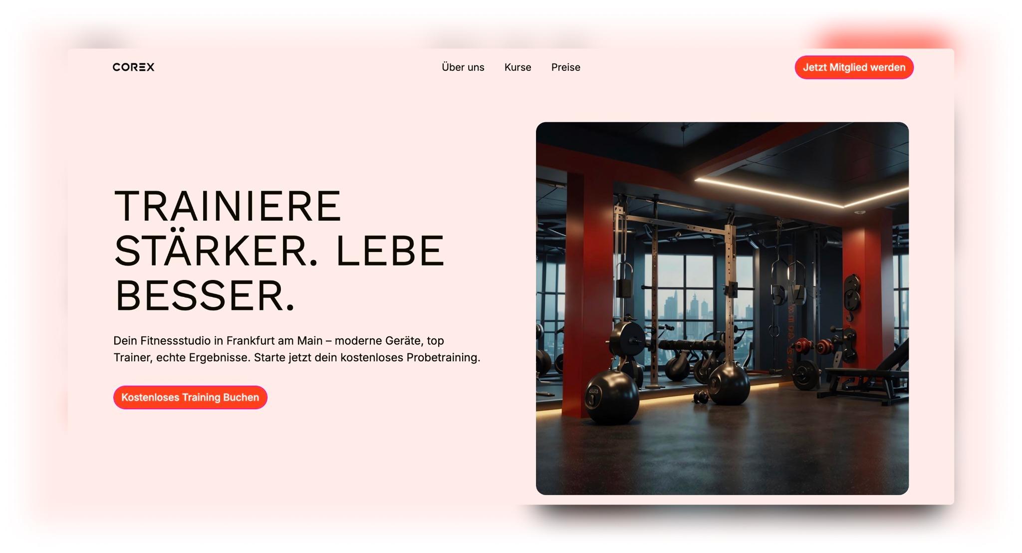 Screenshot einer modernen Fitnessstudio-Website mit Geräten und dunklem, urbanem Innenraum.