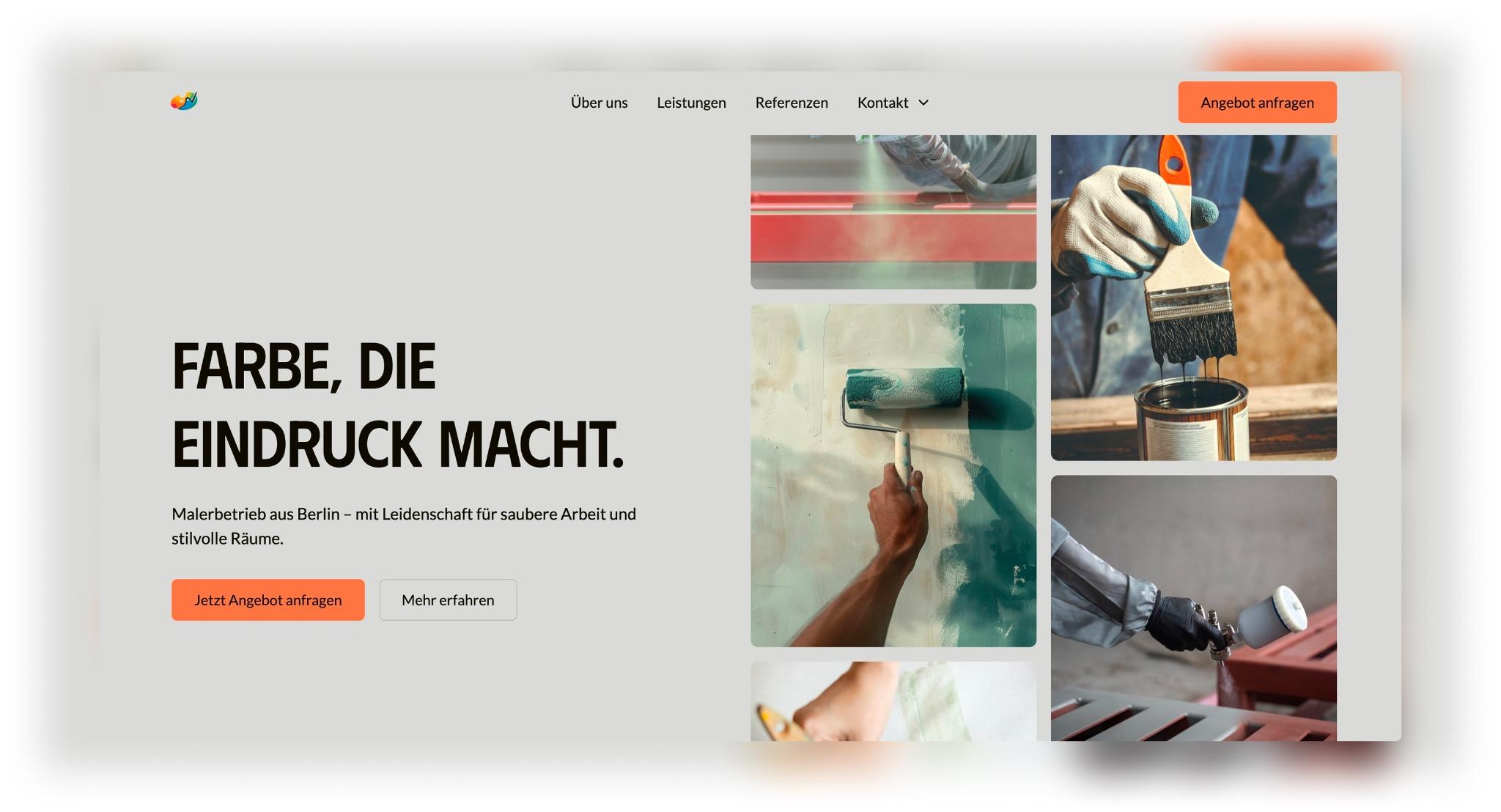 Moderne Maler-Website mit Farbroller, Pinsel und Sprühpistole in einem Rasterlayout.