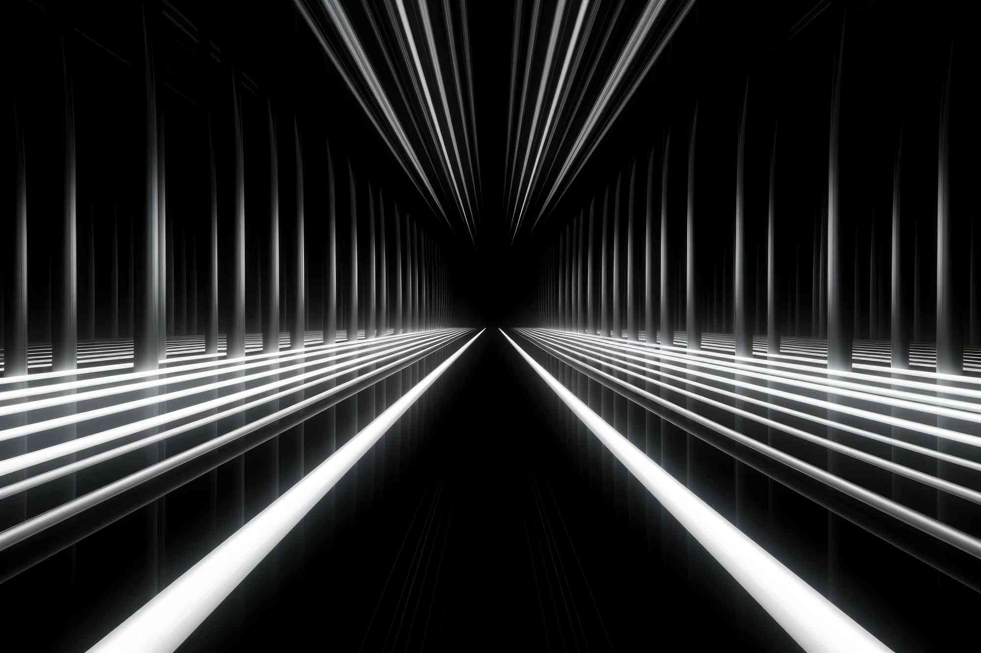Futuristischer Tunnel mit weißen Lichtstreifen, die in die Tiefe führen – symbolisiert Geschwindigkeit und niedrige Absprungrate durch schnelle Ladezeiten.