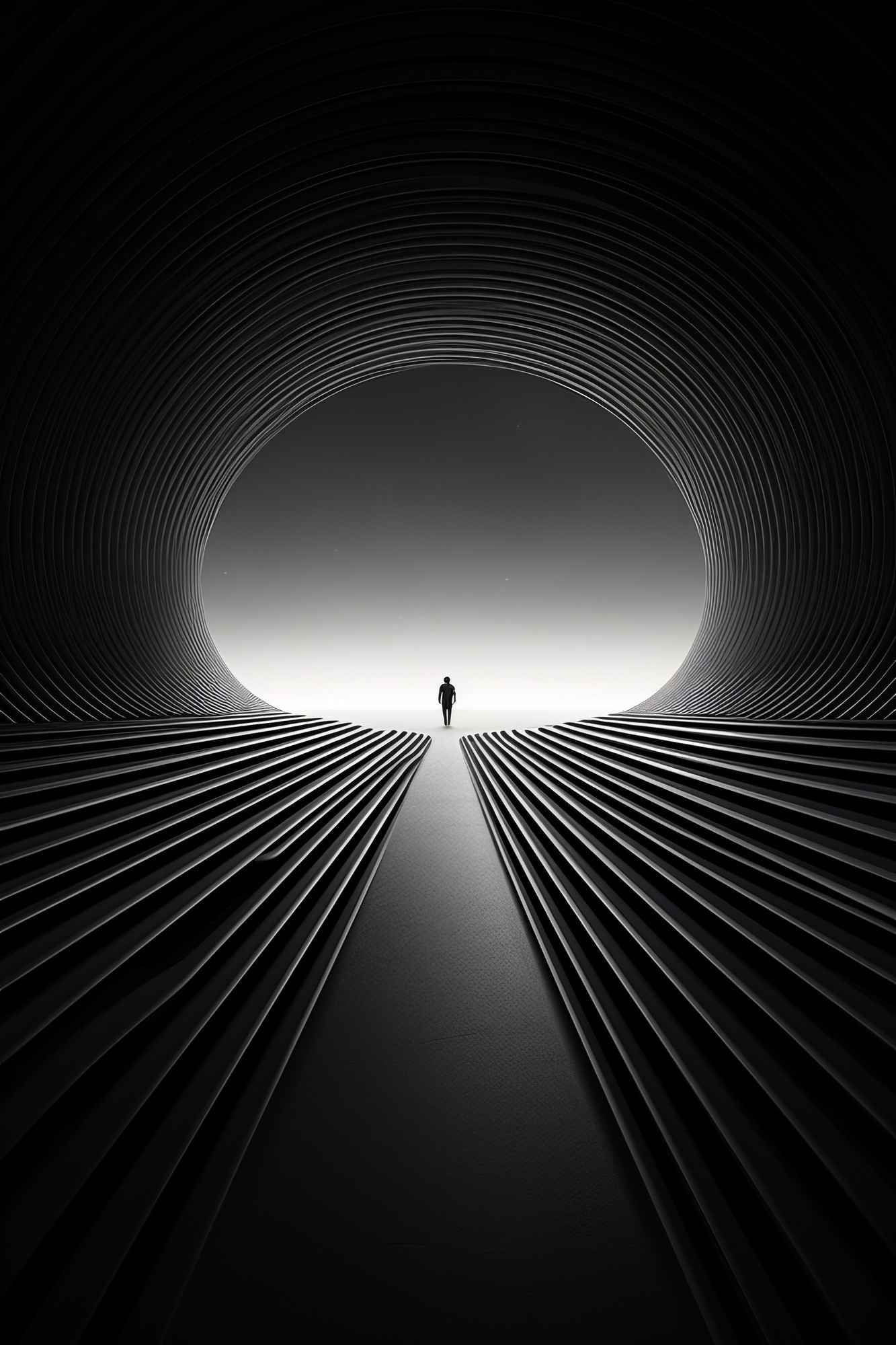 Futuristische Szene mit einer kleinen Person, die in der Ferne in einem riesigen, symmetrischen Tunnel mit konzentrischen Linien steht – minimalistisch, abstrakt und symbolisch.