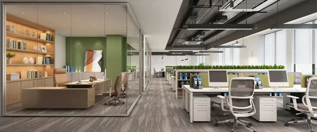 Open office workstations and private office showcasing brand-focused commercial interior design