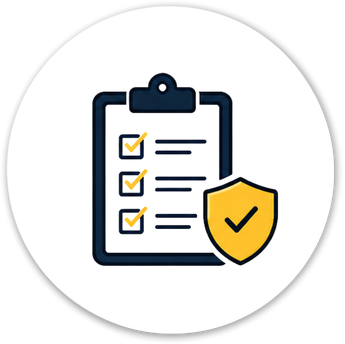 Clipboard with three checked boxes and a yellow shield with a check mark.