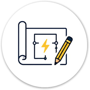 Electrical circuit blueprint with a yellow lightning bolt and a pencil on a white background.