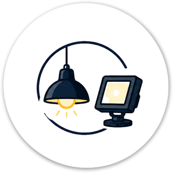 Illustration of hanging lamp and LED floodlight within a circular frame on white background.