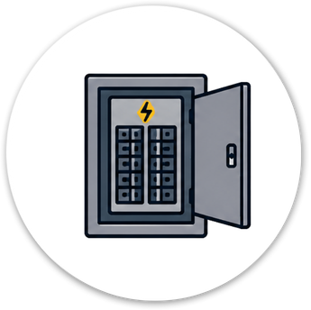 Gray electrical panel with an open door showing two rows of circuit breakers and a yellow lightning bolt symbol.