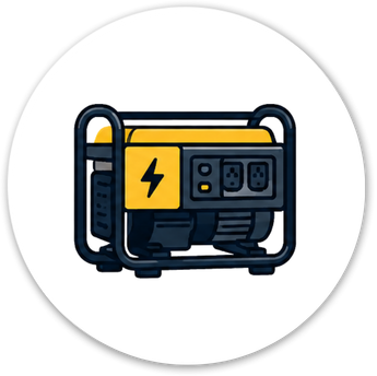 Yellow and black portable electric generator with outlets and power symbol in a circular frame.