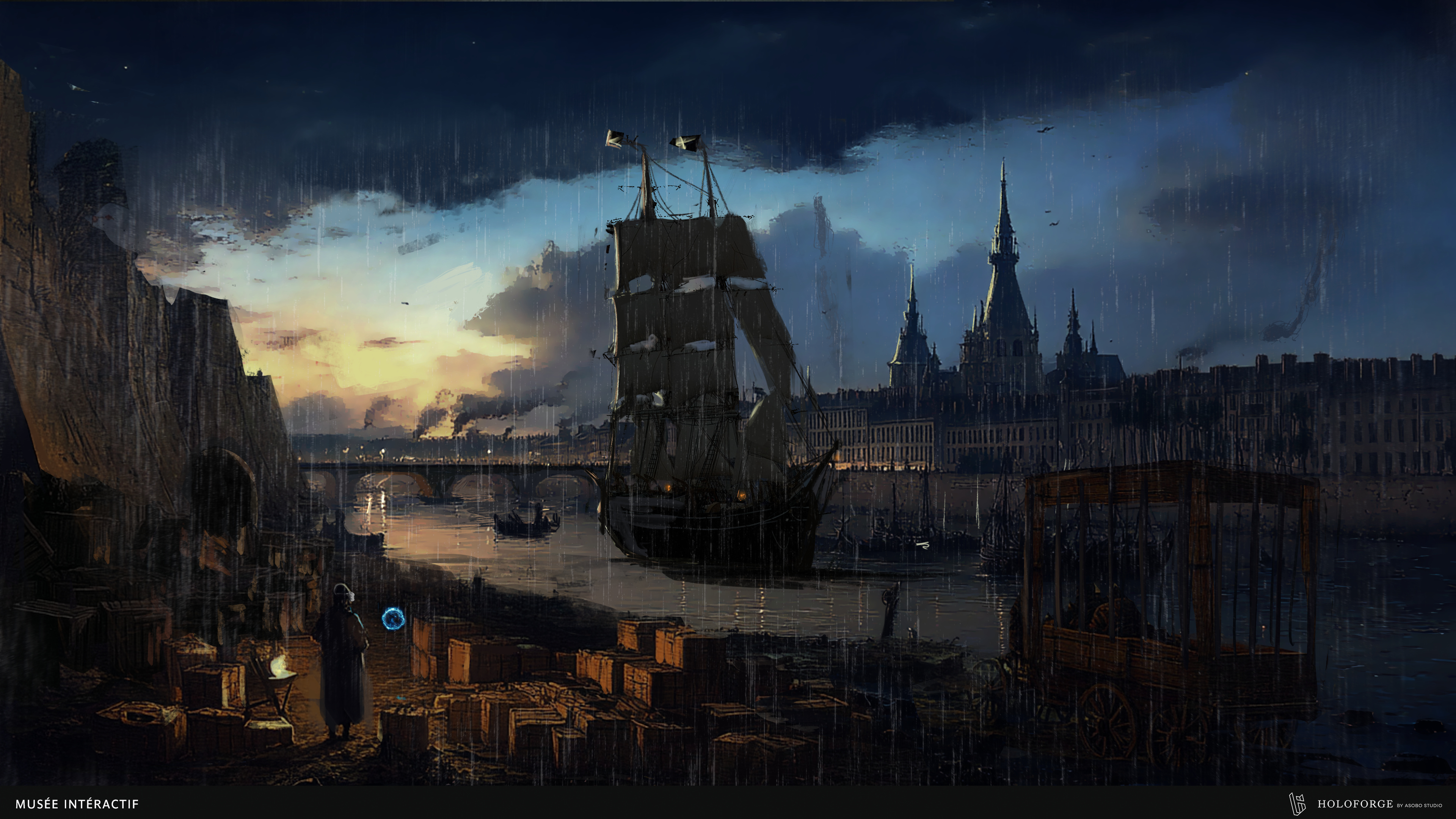 Scène historique au crépuscule sur les quais de la Lune à Bordeaux, avec un voilier, des caisses de marchandises et la silhouette de la ville sous la pluie.