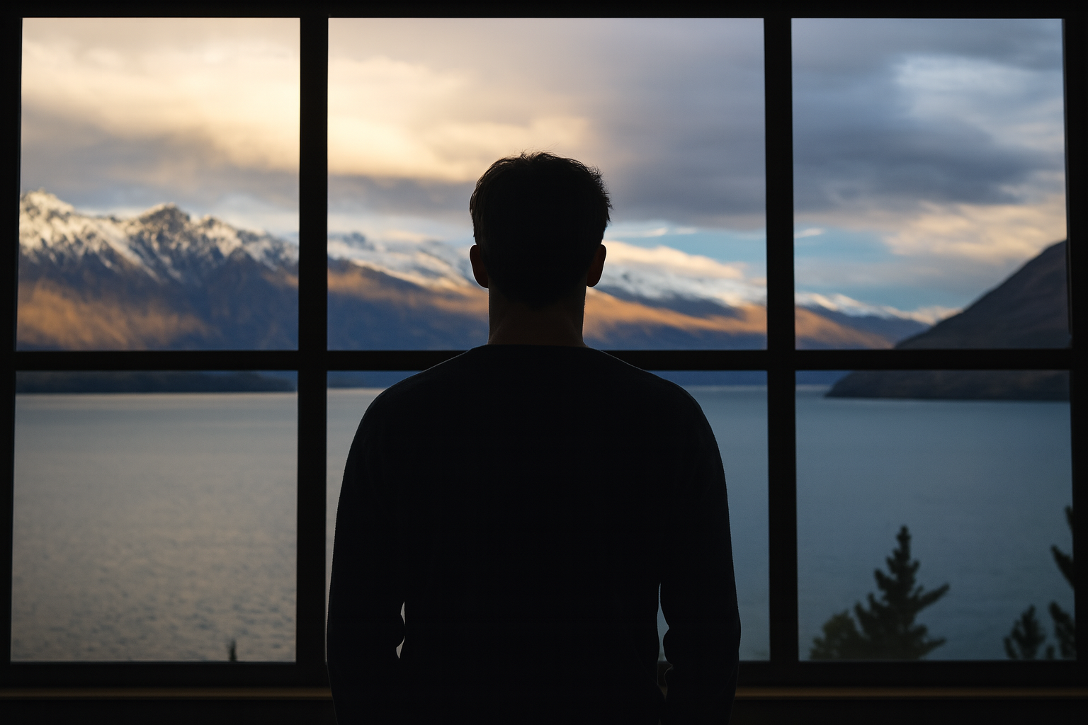 Sylwetka mężczyzny stojącego tyłem do aparatu, patrzącego przez duże okno podzielone ramami na sześć części. Za oknem widać spokojne jezioro otoczone górami o ośnieżonych szczytach, oświetlonych miękkim, ciepłym światłem zachodzącego słońca.o s