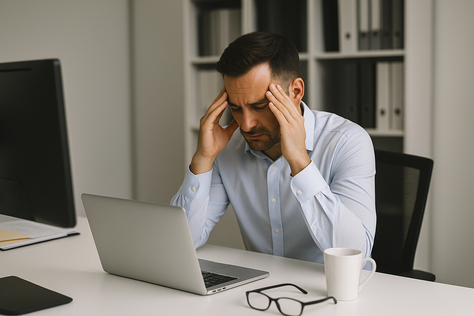 Mężczyzna siedzący przy biurku przed laptopem, trzymający się za skronie i wyglądający na zestresowanego; obok leżą okulary i stoi kubek z napojem.