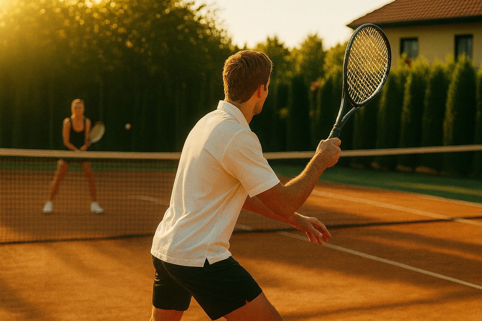 Mężczyzna stojący na korcie tenisowym przygotowuje się do odbicia piłki, podczas gdy po drugiej stronie siatki czeka kobieta w pozycji gotowości. Słońce świeci nisko, tworząc ciepłe, złote światło.