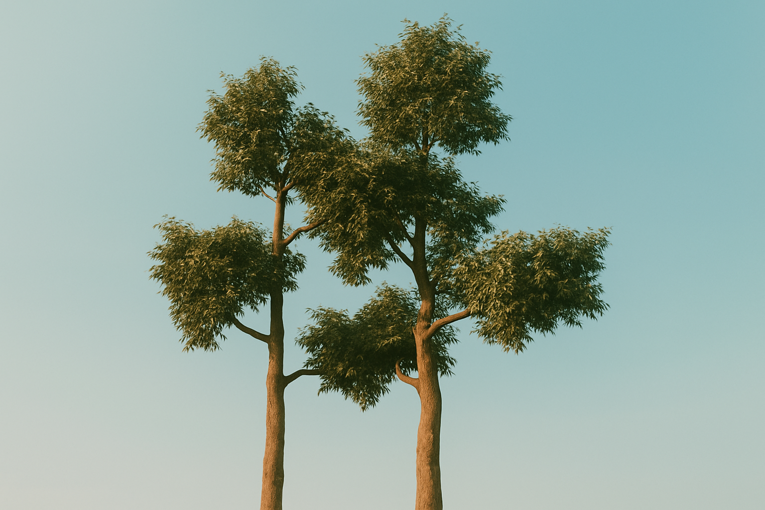 Dwa drzewa stojące blisko siebie na tle jasnoniebieskiego nieba.