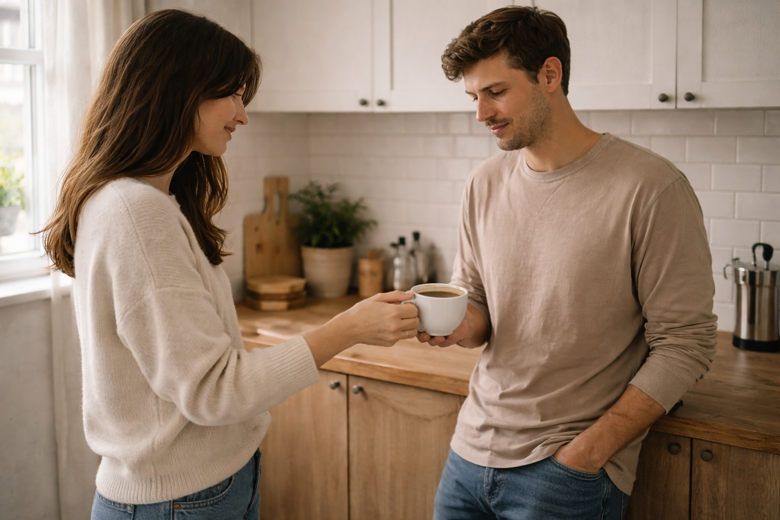 Kobieta podaje mężczyźnie kubek herbaty w jasnej, domowej kuchni oświetlonej naturalnym światłem.
