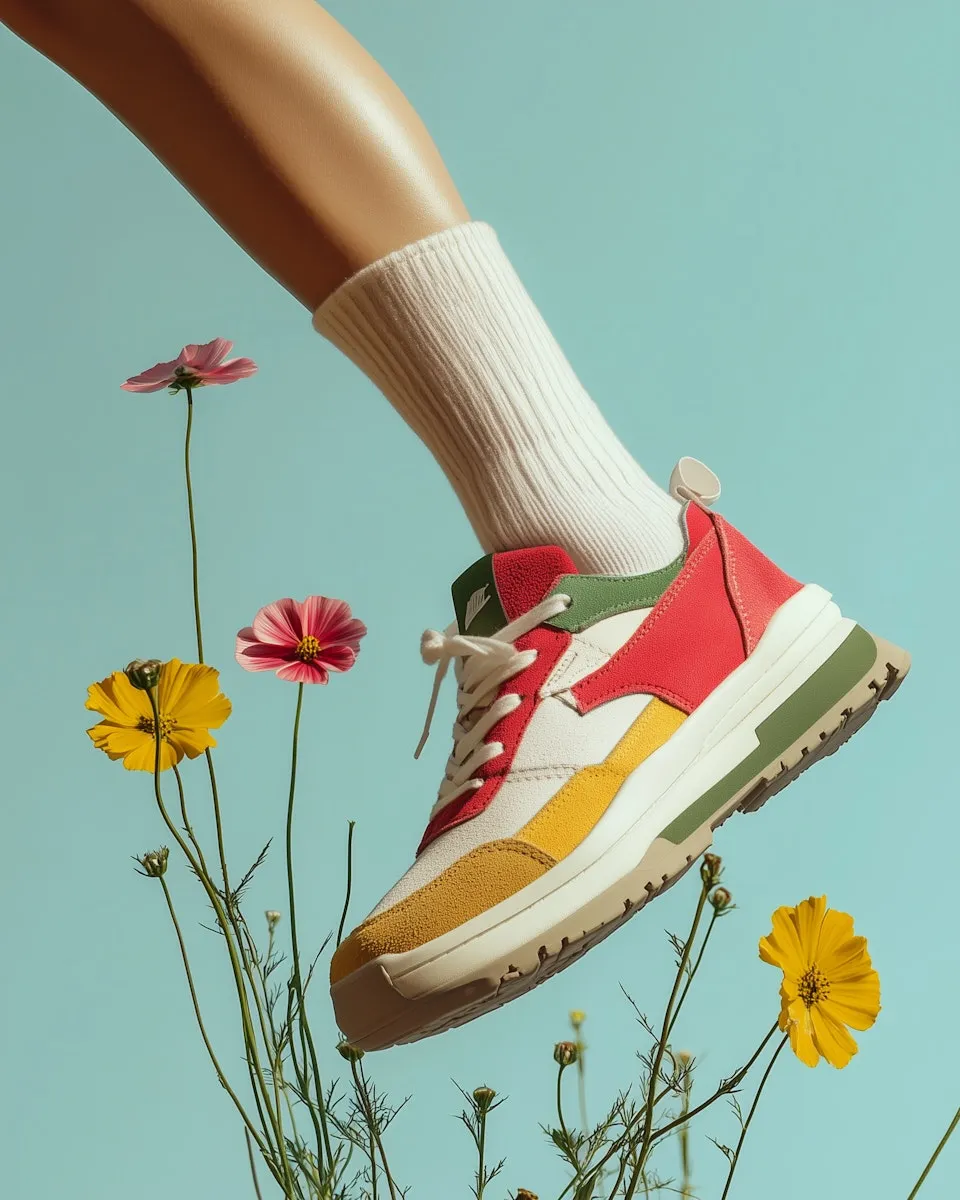 A woman's feet in a pair of colorful sneakers.