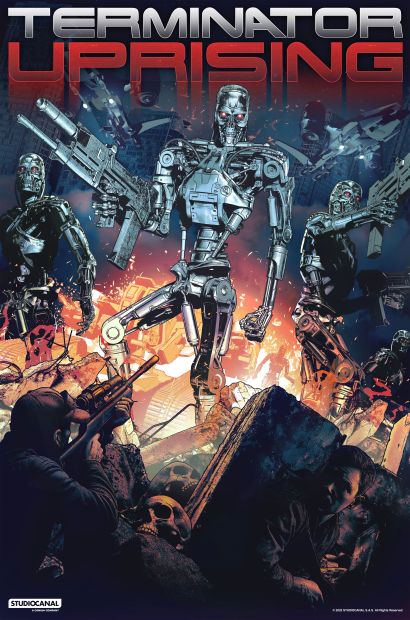Poster for Terminator Uprising featuring armed humanoid robots with red eyes standing amidst ruins and flames, with humans hiding behind debris.