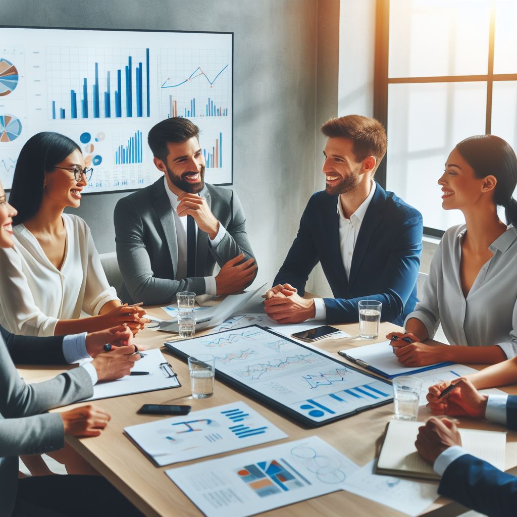 Professional analysts and strategists seated around a conference table discussing business insights from AI.