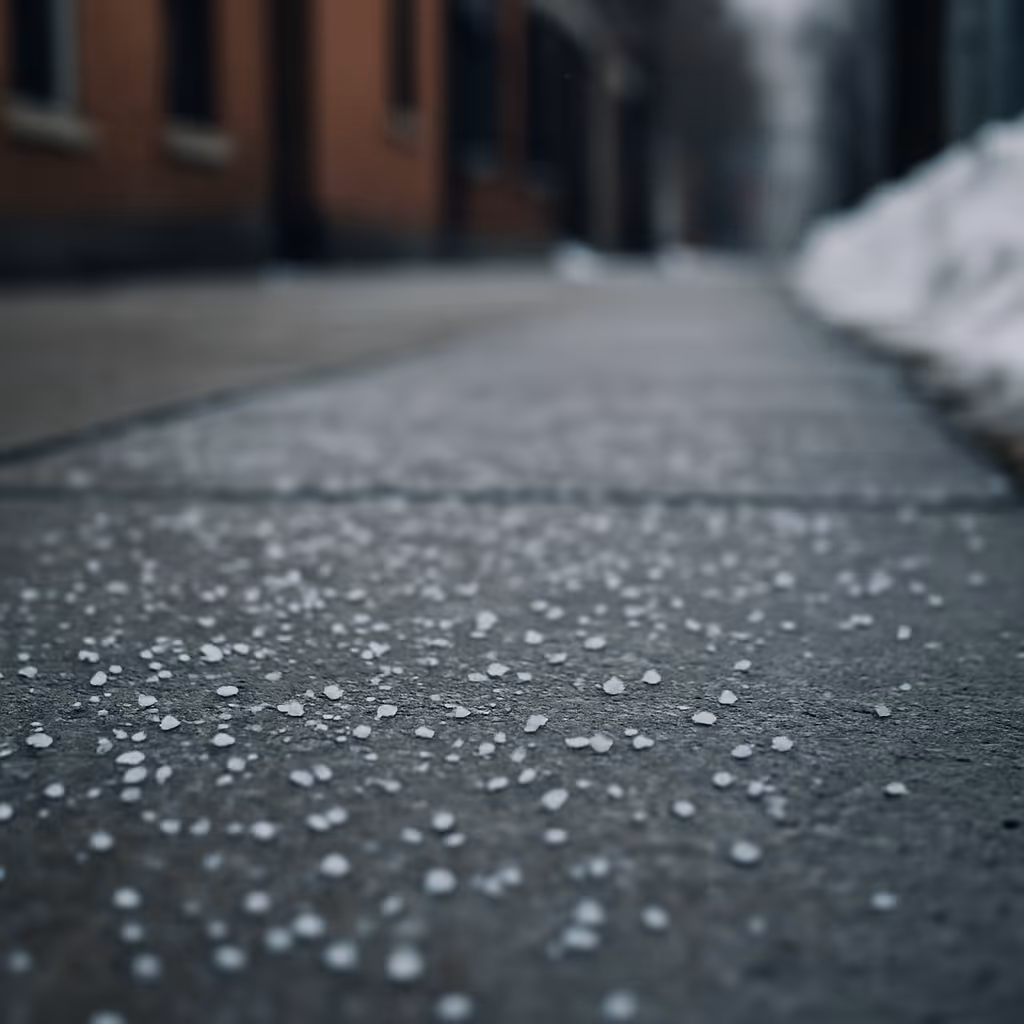 A close-up of rock salt spread evenly across a sidewalk in the winter