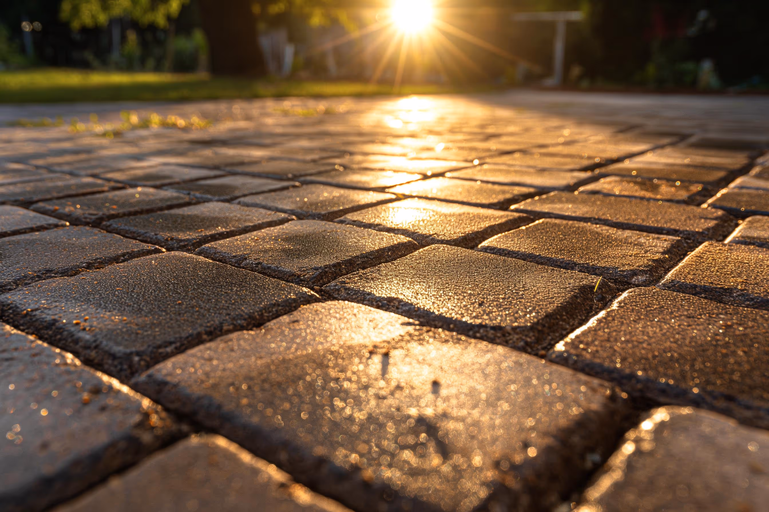 A closeup of a paver walkway with sunlight reflecting off of it