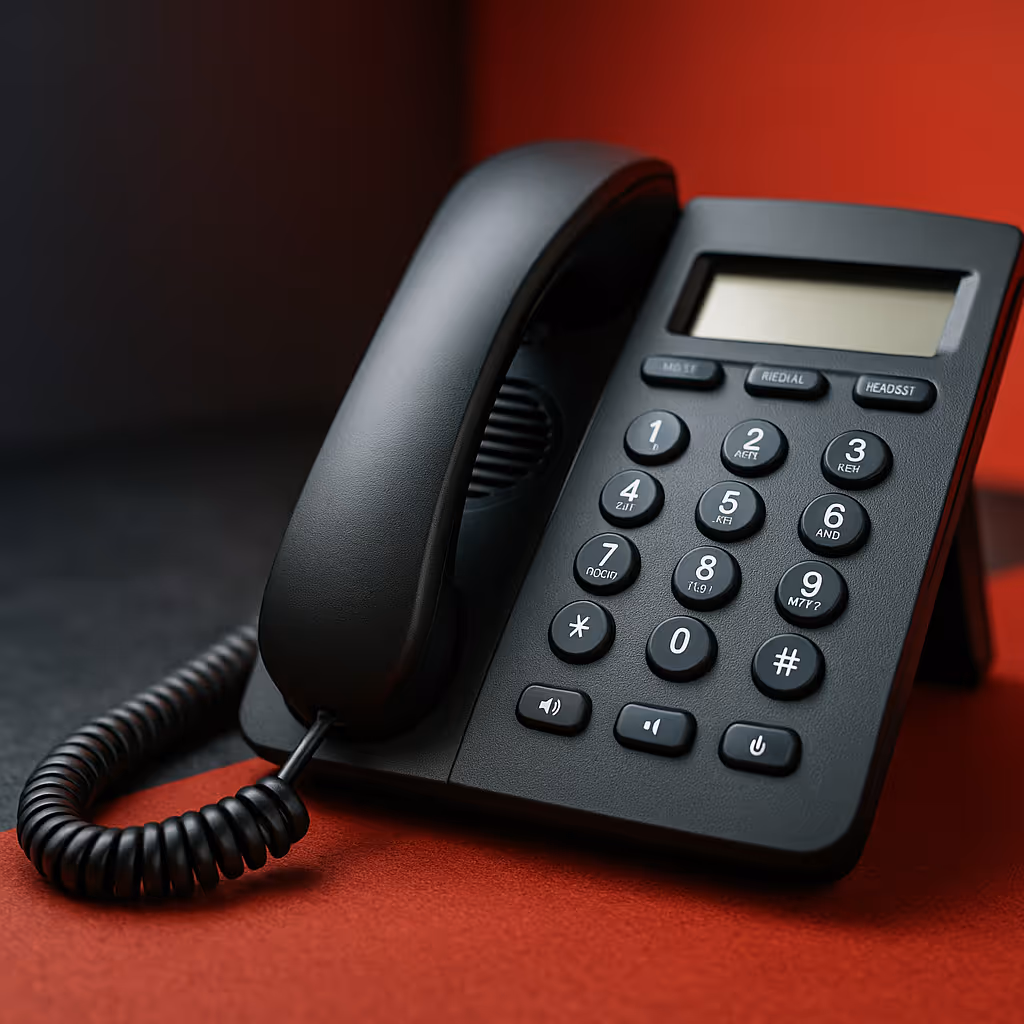 A corded phone on a red background