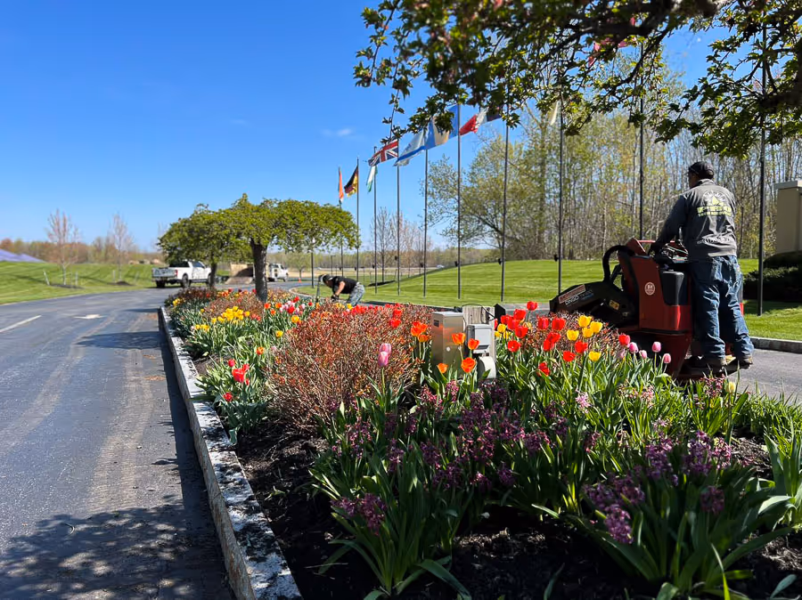 Colorful flower beds installed by PSR at the Abundant Life Church in East Syracuse