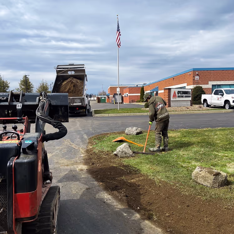 PSR Employees and equipment onsite at Oconnell Electric in Syracuse doing commercial landscaping work