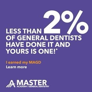 Text highlighting that less than 2% of general dentists have completed MAGD certification, with a call to learn more from Master Academy of General Dentistry.