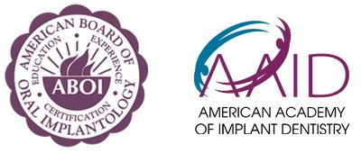Logos of the American Board of Oral Implantology Certification and the American Academy of Implant Dentistry.