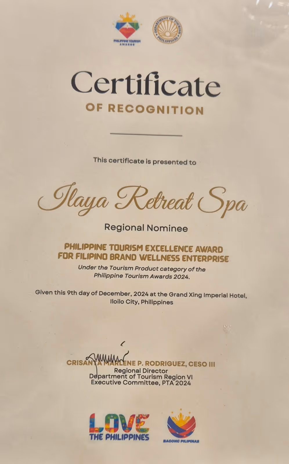 As a Nominee of Philippine Tourism Award for Filipino Brand of Wellness Enterprise
