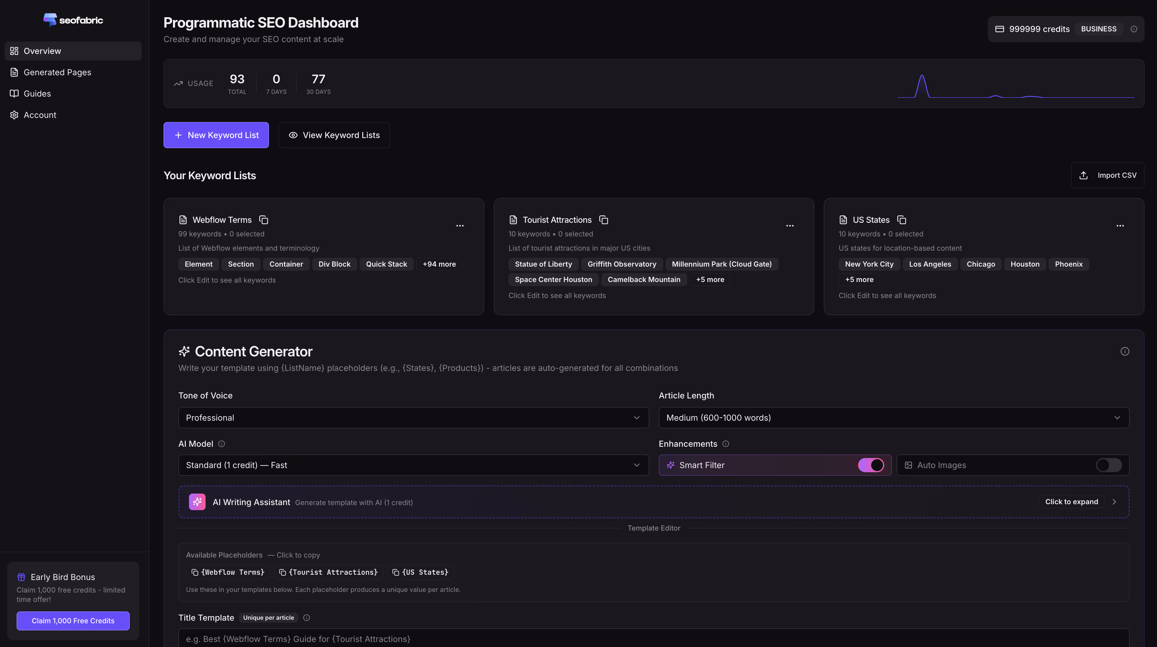 Programmatic SEO Dashboard interface showing keyword lists, content generator options with tone, article length, AI model, and enhancements settings.